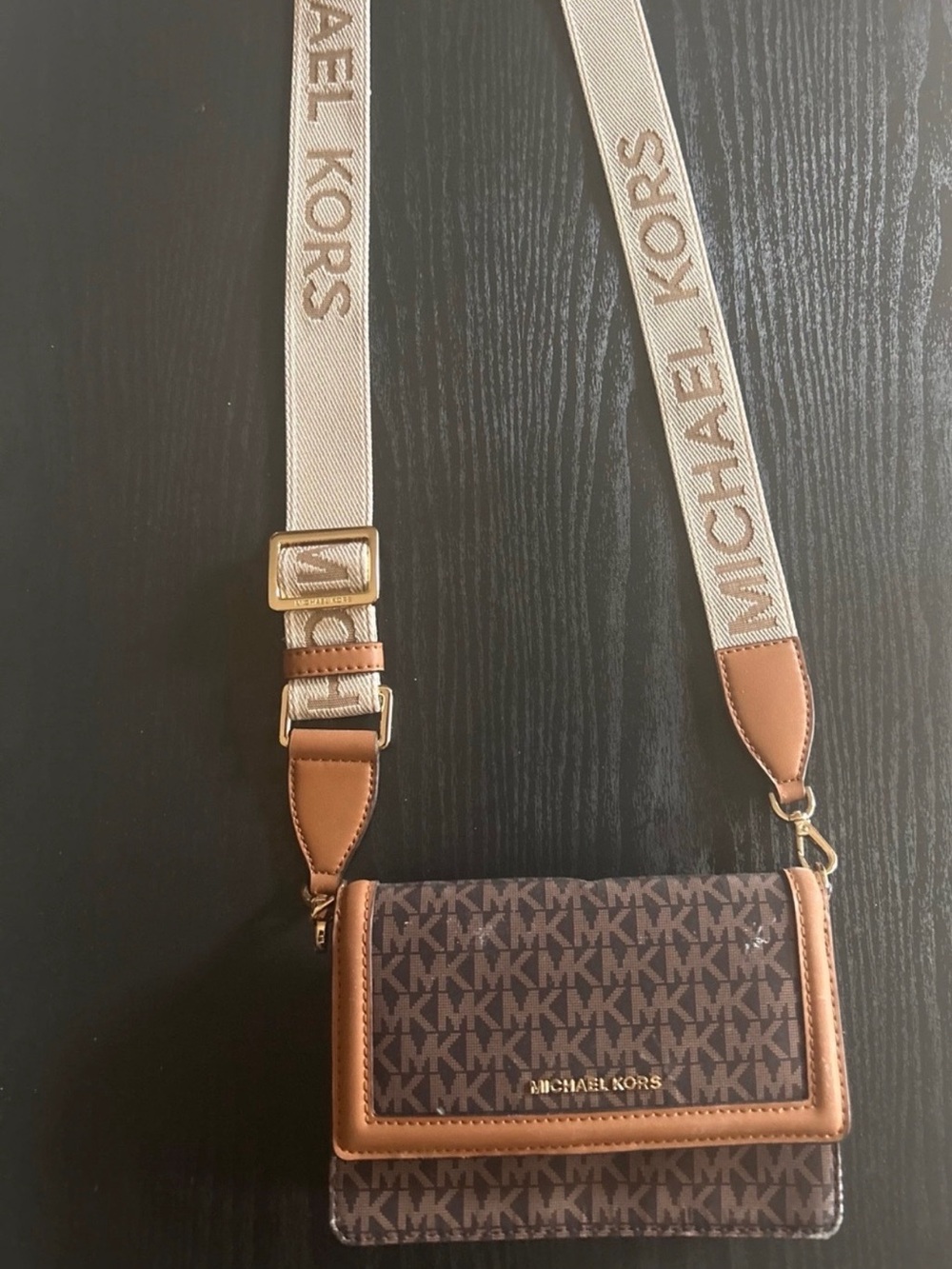 Michael Kors Brown and Tan MK Logo Crossbody with Ivory Strap